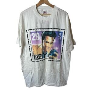 Vintage 90s Anvil White Elvis US Stamp Print T-Shirt Men's Size XL NWT